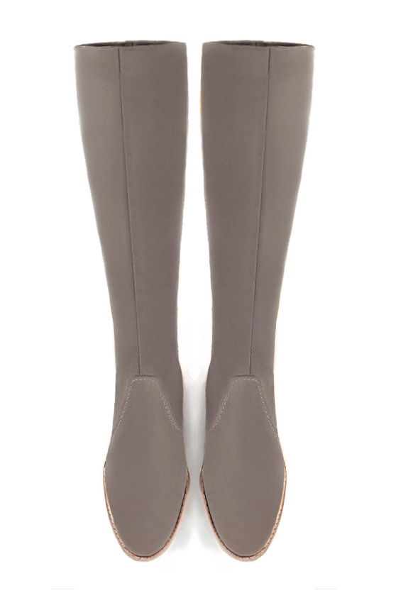 Bronze beige women's riding knee-high boots. Round toe. Low leather soles. Made to measure. Top view - Florence KOOIJMAN